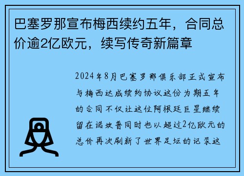 巴塞罗那宣布梅西续约五年，合同总价逾2亿欧元，续写传奇新篇章